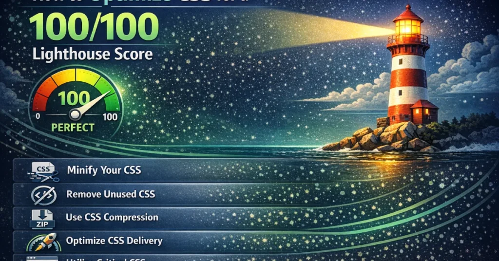 Infographic showing how to optimize CSS for a 100/100 Lighthouse score including minify CSS, remove unused CSS, compression, optimize delivery, and critical CSS.
